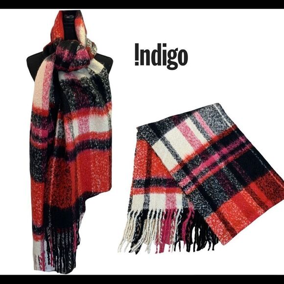 Indigo Black ivory red and pink plaid check blanket scarf - Picture 1 of 9